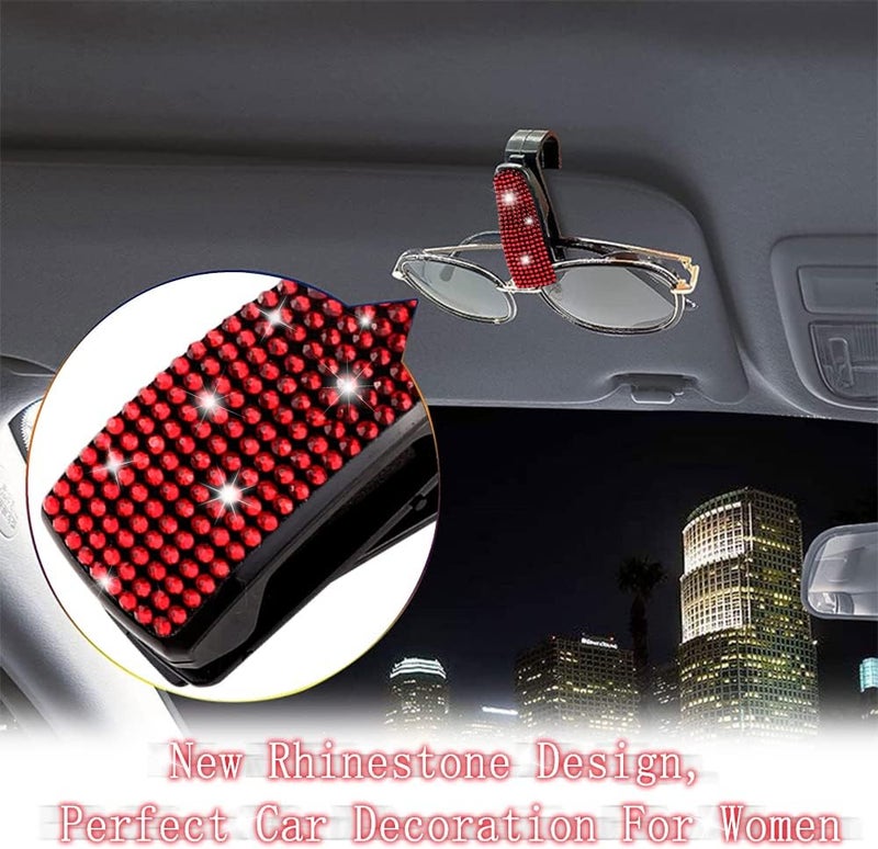 Turcee Set of 2 Bling Rhinestone Car Sun Visor Glasses Holders with Anti-Scratch Sponge,Car Decoration for Women Girls,Ticket Card Clip Visor Organizer,Universal Rhinestone Car Accessories (Red-2pcs) - Image 3